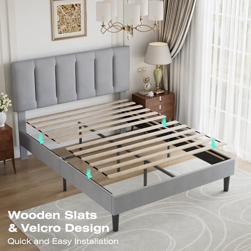 VECELO Queen Size Bed Frame with Upholstered Headboard, Light Grey