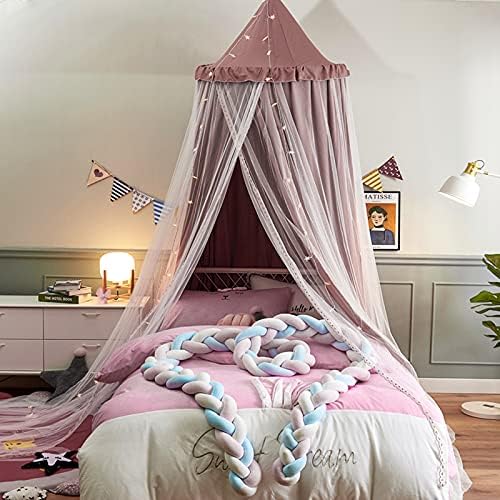 VETHIN Bed Canopy Double Layer Princess Round Dome Dreamy Mosquito Net Bedding Girls Room Castle Play Tent Hanging House Decor Reading Nook Canopies(Jujube Red/White)