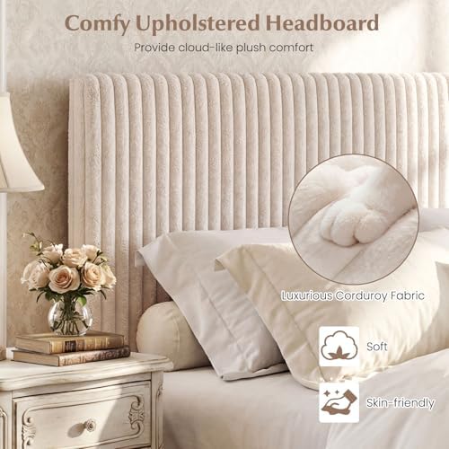 GIANTEX Queen Size Lift Up Storage Bed, Modern Corduroy Upholstered Platform w/Wingback Headboard, Hydraulic Support, Queen Bed Frame with Storage, No Box Spring Needed (Beige)