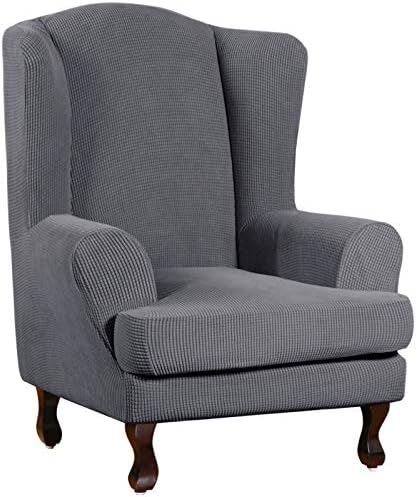 Turquoize Wingback Chair Covers 2 Piece Wing Chair Slipcover Stretch Slipcovers for Wingback Chairs Wing Chair Cover Spandex Jacquard Fabric with Elastic Bottom Non-Slip Furniture Cover, Charcoal Gray