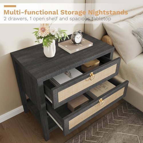 Eclatara Large Rattan Night Stand with 2 Drawers and Storage Shelf