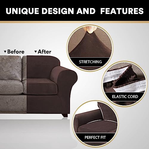 PrinceDeco Velvet Couch Cover Loveseat Covers for 2 Cushion Couch 3 Piece Sofa Covers for Dogs Washable Loveseat Covers Width Up to 72 Inch No Slip Stretch Sofa Slipcover (Medium, Brown)