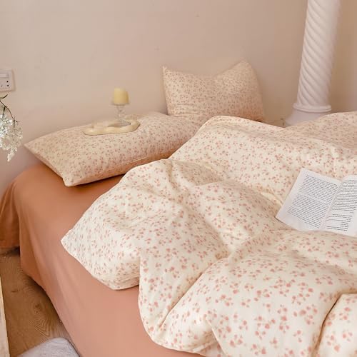 LifeTB Vintage Floral Duvet Cover Set King, Soft Muslin Cotton Coquette Duvet Cover with 2 Pillowcases, Aesthetic Cottagecore Flower Comforter Cover, Lightweight Gauze Bedding Set for Girls Women