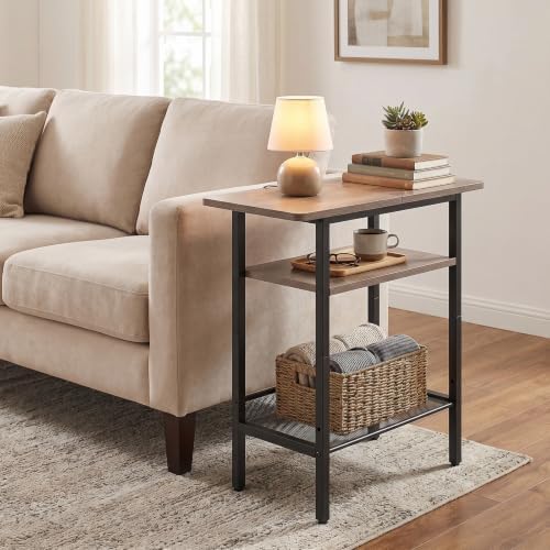 HOOBRO Side Table, Narrow End Table with Shelf, with Wide Storage Tabletop, 3-Tier Bedside Tables for Small Spaces for Living Room, Bedroom, Study, Greige and Black BG366BZ01