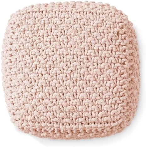 Casafield Square Pouf Ottoman, Light Pink 18.5" W x 18.5" D x 14.5" H Cotton Knit Foot Stool - Boho Floor Pouffe for Living Room, Bedroom, Home Office