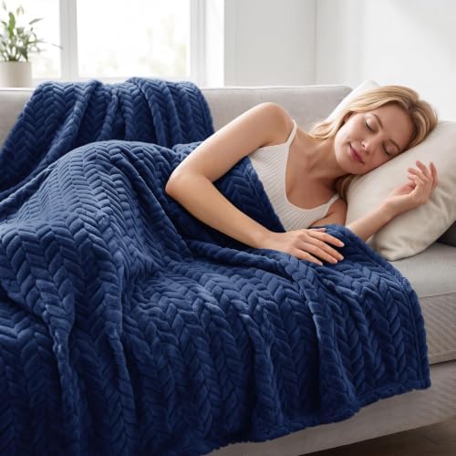 Exclusivo Mezcla Fleece Throw Blanket for Couch Sofa, 50”x70”, Navy Blue