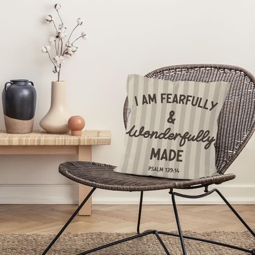 Christian Nursery Throw Pillow Cover 18x18, Bible Verse I Am Fearfully and Wonderfully Decorative Pillow Covers for Kids Nursery Room Bedroom Playroom, Religious Accent Pillows Cover Pillowcases