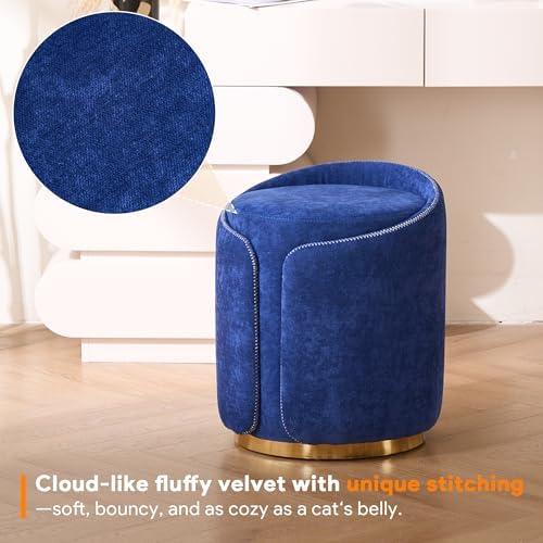 Swivel Vanity Stool with Back Comfy Vanity Chair with Gold Base Modern Round Stool for Makeup Vanity Ottoman Foot Rest for Bedroom livingroom (Navy)