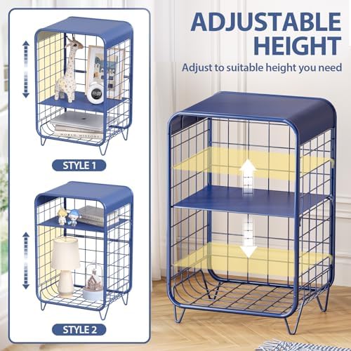 APEXCHASER Cute Nightstand for Kids,3-Tier Metal Side Table,Navy Blue