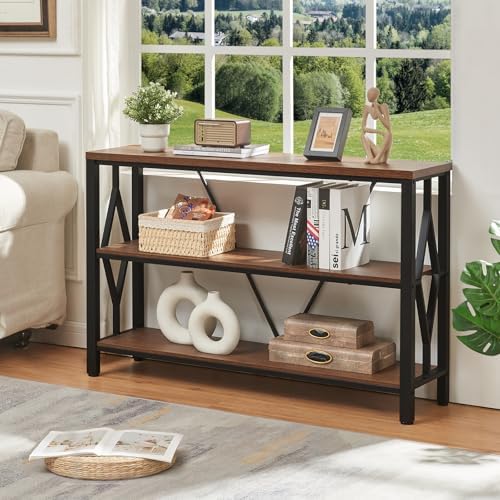 Sofa Console Table, Rustic Entry Table with 3 Tier Bookshelf,Brown 47 Inch