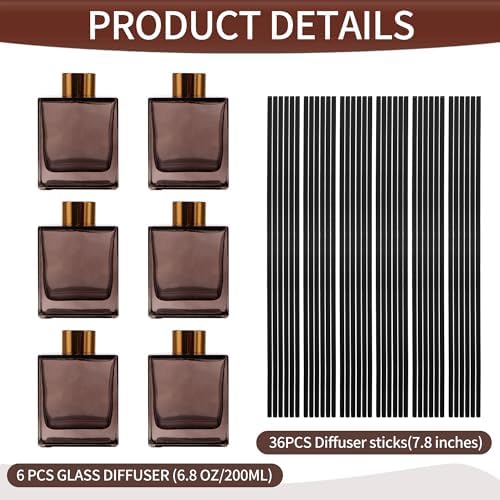 6 Pack Perfume Reed Diffuser Bottle,Empty Square Essential Oil Bottles Glass Jar with Black Sticks for DIY Fragrance Replacement Diffuser Sets (200ml/6.8 oz, Brown Color)