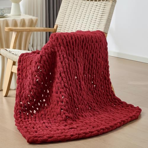 Bigacogo Chunky Knit Throw Blanket for Couch, 40x40 inches, Red