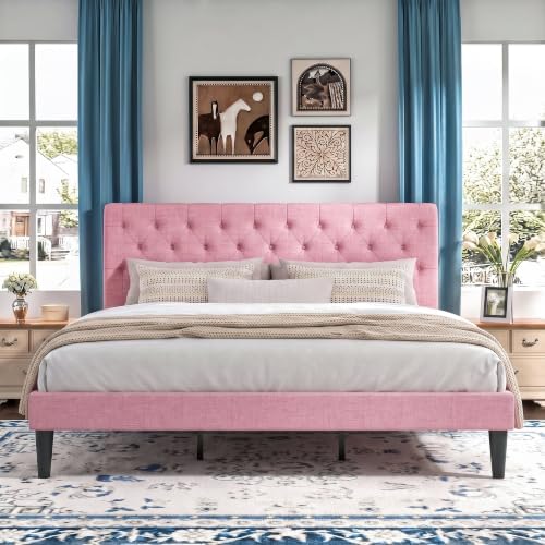HOMBCK King Size Bed Frame, Upholstered Bed with Adjustable Headboard, Pink