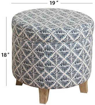 Homepop Home Decor | Upholstered Round Storage Ottoman | Ottoman with Storage for Living Room & Bedroom with Flared Legs, Navy Blue Geometric Pattern Large