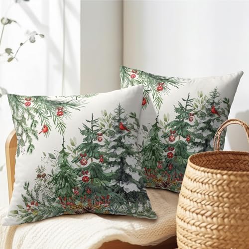 Green Christmas Tree Throw Pillow Covers 20x20 Inch Set of 2 Winter Pine Trees Red Berry Bells Birds Decorative Pillowcase Xmas Holiday Cotton Linen Cushion Cover for Home Sofa Couch Patio