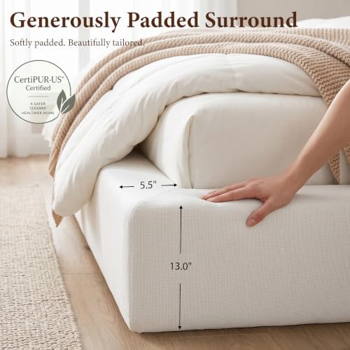 Yechen Queen Cloud Bed Frame, 6" Thick Curved Tufted Headboard, Ivory