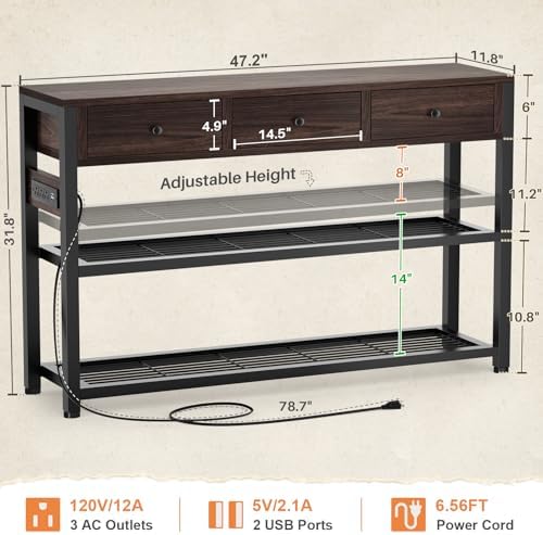 Ecoprsio 47'' Entryway Table with Outlets and USB Ports, Console Table with 3 Drawers, Sofa Table Narrow Long with Storage Shelves for Living Room, Couch, Hallway, Foyer, Black Walnut Finish