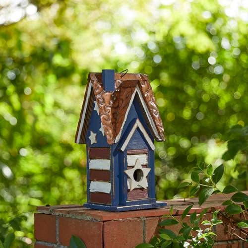 Glitzhome 12.25" H Patriotic Solid Wood Hanging Birdhouse for Outside, Decorative Pet Cottage Villa Distressed Wooden Bird House with 3D Star for Garden Patio Backyard