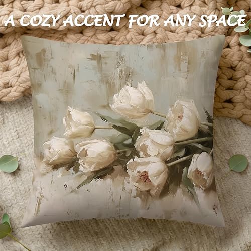 Vintage White Tulip Floral Pillow Cover 18x18, Cottagecore Room Decor, Neutral Farmhouse White Flower Decorative Throw Pillow Covers Pillowcases for Living Room Home Bedroom