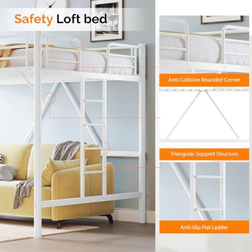 VINGLI Queen Loft Bed with Flat Rungs for Adults, Kids and Young Teens, No Box Spring Required,Heavy Duty Metal Slat Support, White