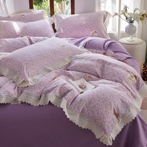 HighBuy Purple Floral Muslin Duvet Cover Twin XL,Ruffle Lace Vintage Floral Bedding Set for Girl College,Gauze Yarn-Dyed Cotton Comforter Cover with Zipper,Breathable,3 Piece,All Season