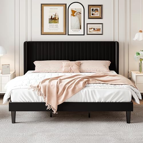 SHA CERLIN King Size Velvet Bed Frame, Tufted Wingback Headboard, Black