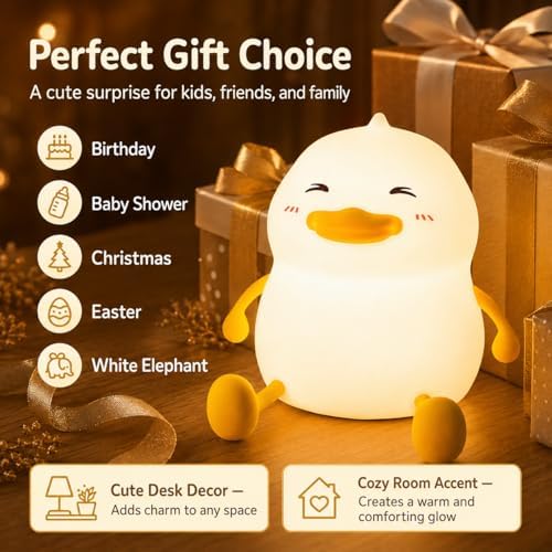 Fat Duck Night Light, LED Squishy Novelty Animal Night Lamp, Food Grade Silicone 3 Level Dimmable Nursery Nightlight for Desk Decor, Funny Gifts Stuff for Boys Girls Baby, White Elephant Gifts