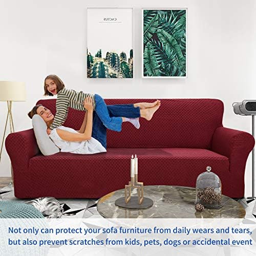 ZNSAYOTX 1 Piece Jacquard Couch Covers for 3 Cushion Couch High Stretch Sofa Cover for Pets Dogs Anti Slip Extra Large Sofa Slipcovers Furniture Protector (XL Sofa, Wine Red)