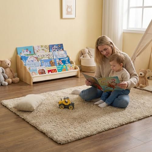 Puricon 4-Tier Kids Bookshelf, Wooden Bookcase Organizer for Toddlers with Deep Pockets & Wavy Edge, Decorative Front-Facing Sling Book Rack for Kids Rooms, Nursery, Playroom and Classroom -Beige