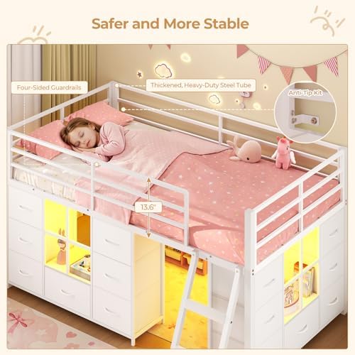 Low Loft Bed Twin Size with 14 Storage Drawers & 2 Shelves, White
