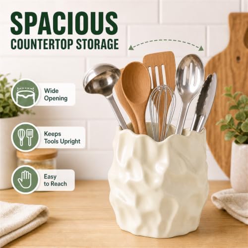 Ceramic Utensil Holder for Kitchen Countertop, 6 Inch, Cream White