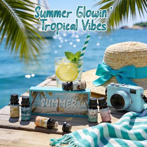 ARVIDSSON Summer Essential Oils Set, Tropical Fragrance Oil for Diffuser, Soap and Candle Making - Ocean Breeze, Pina Colada, Fresh Cotton, Pink Sand, Plumeria, Coconut, Scented Oil for Home