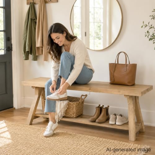 Solid Wood Entryway Bench 43'' Farmhouse with Bottom Storage Shelf