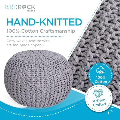BIRDROCK HOME Round Pouf Ottoman Foot Rest - 18.5”x18.5”x15” Boho Compact Comfortable Soft Cotton Braided Foot Stool with Bean Bag Filling for Living Room, Bedroom, or Nursery (Light Gray)