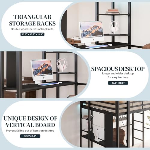 Loft Bed Twin Size with Desk and Safety Guard Rail, Twin Size Metal Bed Frame with Double Layer Shelves for Storage, No Box Spring 2 Security Ladders, Midnight Black