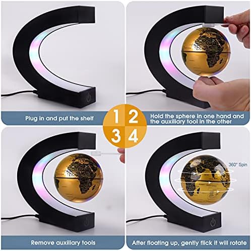 Floating Globe with Colored LED Lights C Shape Anti Gravity Magnetic Levitation Rotating World Map with Touch Switch for Gift Home Office Desk Decoration With Switch (Gold)