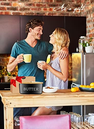 Ceramic Butter Dish with Lid and Knife & Silicone Seal 400ml 2 Pack Black