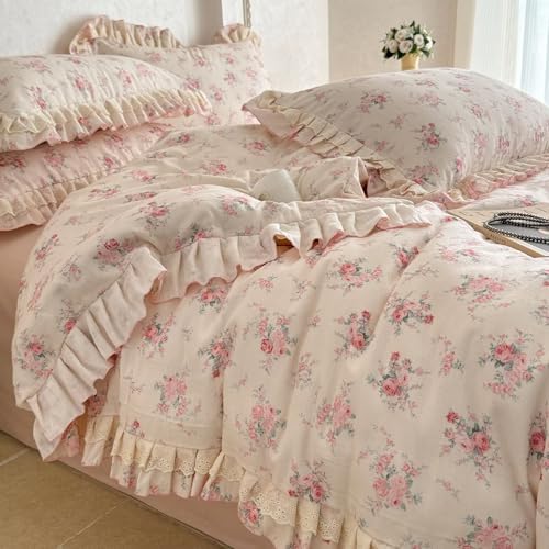 Boho Floral Duvet Cover Set Queen Size 3 Pcs,Pink Flower 100% Cotton Muslin Gauze Bedding Set with Lace Ruffles,Breathable Lightweight Comforter Covers with 2 Pillowcases 90"×90"