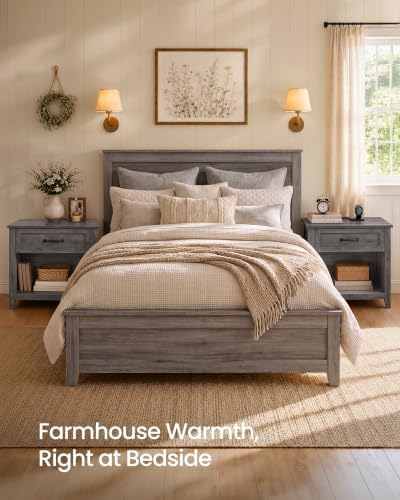 VASAGLE Farmhouse Nightstand with Charging Station, Drawer and Open Shelf