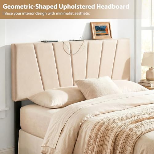 GIANTEX Headboard with Charging Station, Queen/Full Size Tufted Upholstered Head Board w/2 AC Outlets, USB & Type-C Port, Rubber Wood Legs, Width Adjustable Modern Bed Headboard Only (Beige)