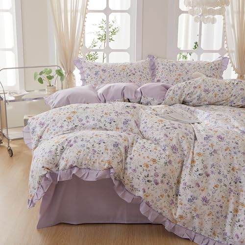 Purple Floral Duvet Cover Set Queen Size, Soft 100% Cotton Romantic Ruffle Lace Bedding Set, Vintage Aesthetic Floral Comforter Cover, Cottagecore Botanical Flower Duvet Cover with Zipper Closure