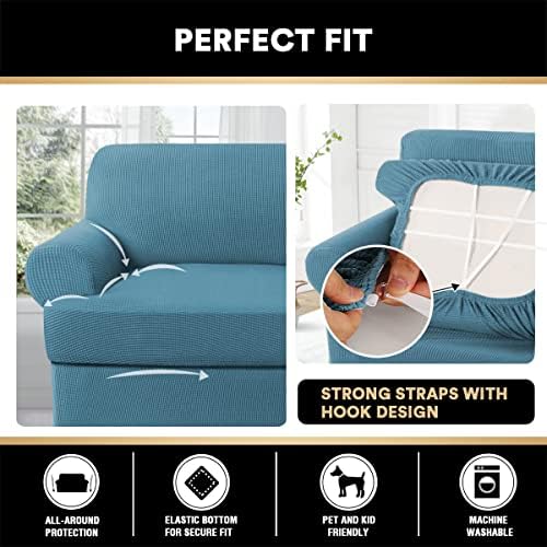 PrinceDeco T Cushion Loveseat Slipcover - 3 Pieces Sofa Cover for 2 Cushion Couch with 2 Individual T Shape Seat Covers Width Up to 76 Inch - Stretch, Machine Washable, Storm Blue