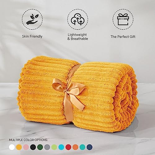 BEDELITE Ribbed Mustard Yellow Fleece Throw Blanket for Couch, 50x60 Inch