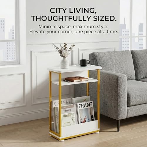 Narrow Side Table,3-Tier Slim End Table with Storage Shelf,Modern Sofa Table Thin Side Table for Small Spaces, Skinny Bedside Table Small Nightstand with Magazine Rack Space Saving/White+Gold