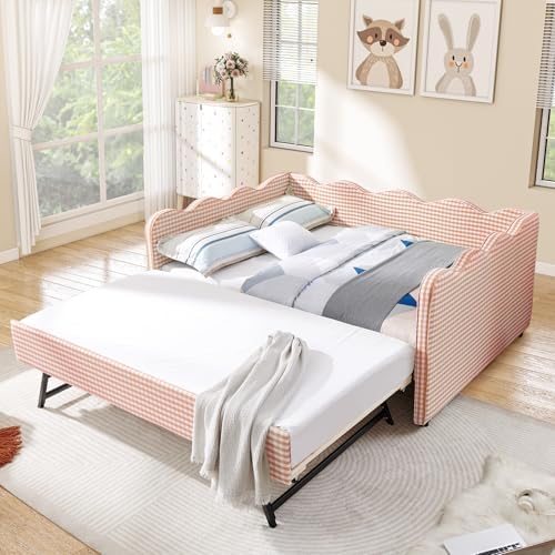 Full Size Daybed with Pop Up Trundle, Linen Gingham Full to King Daybed with USB Ports, Upholstered Day Bed Frame, Modern Sofa Bed for Living Room/Bedroom/Guest Room, No Box Spring Needed, Pink