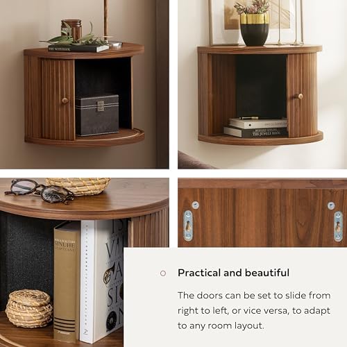 WERMO 16'' Fully Assembled Floating Nightstand with Storage and Sliding Door - Floating Side Table for Bedroom and Living Room. Mid Century Modern Nightstand Wood, Bedside Shelf Wall Mount (Walnut)