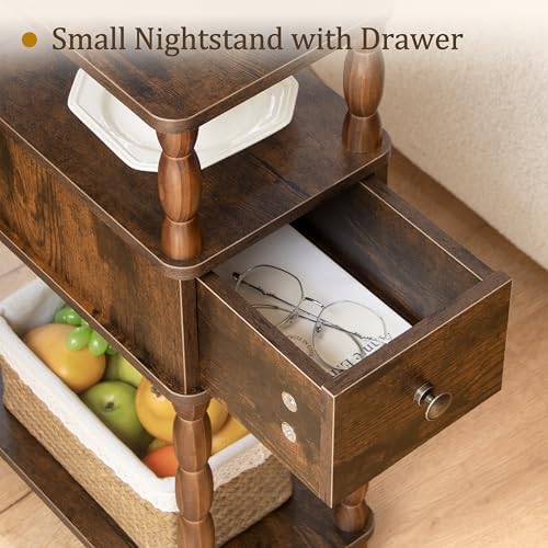 MaxSmeo Narrow Nightstand with Drawer, Narrow End Table with Storage, Skinny Small Side Table Living Room for Small Spaces, Bedroom (Rustic Brown)