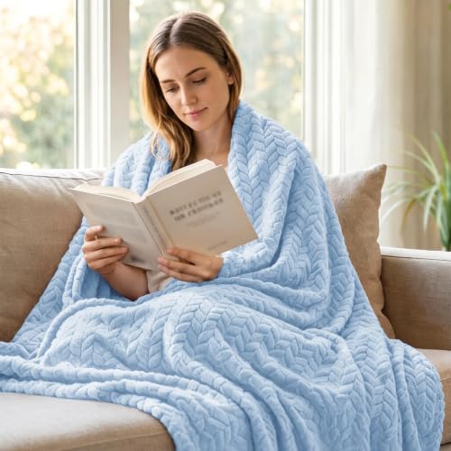Exclusivo Mezcla Fleece Throw Blanket for Couch Sofa, 50”x70”, Light Blue