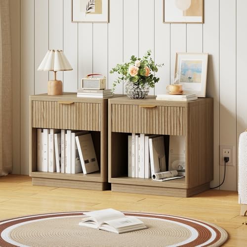 Fluted Nightstand Set of 2 with Charging Station,Drawer&Open Shelf,Natural