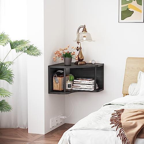 Black Floating Corner Wall Shelves with Cord Hole - Pine Wood 90° Corner Floating Nightstand Shelves Wall Mounted, 18’’ Floating Cabinet Shelf, Projector Corner Shelf for Living Room,Bedroom,Kitchen